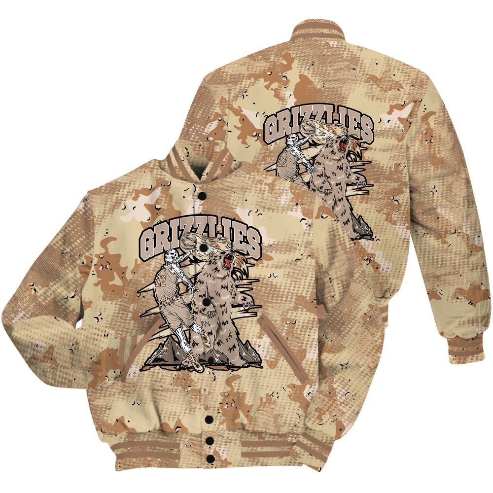 Varsity Jacket To Match Desert Camo 3s Shirt - Grizzly Bear Skeleton Brown Sugar All Over Print