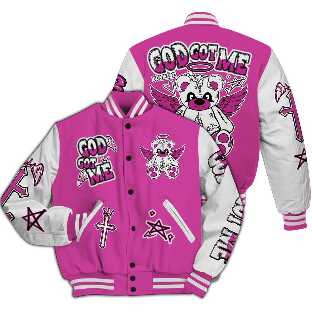 Varsity Jacket To Match Dunk Low Active Fuchsia - Gods Guides Me Bear All Over Print