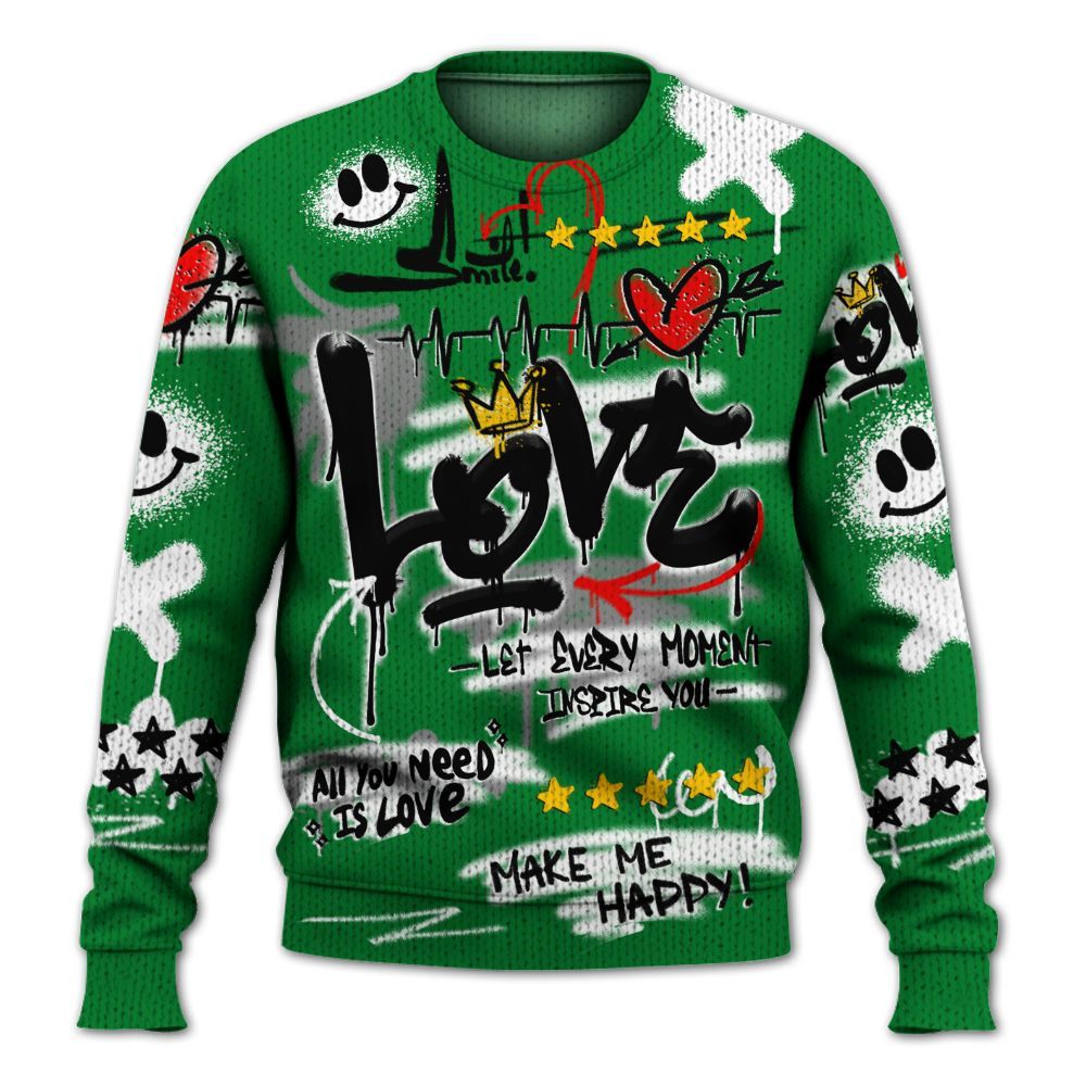 Knitted Sweater To Match Lucky Green 1s - Happy Love Beats Graffiti Streetwear