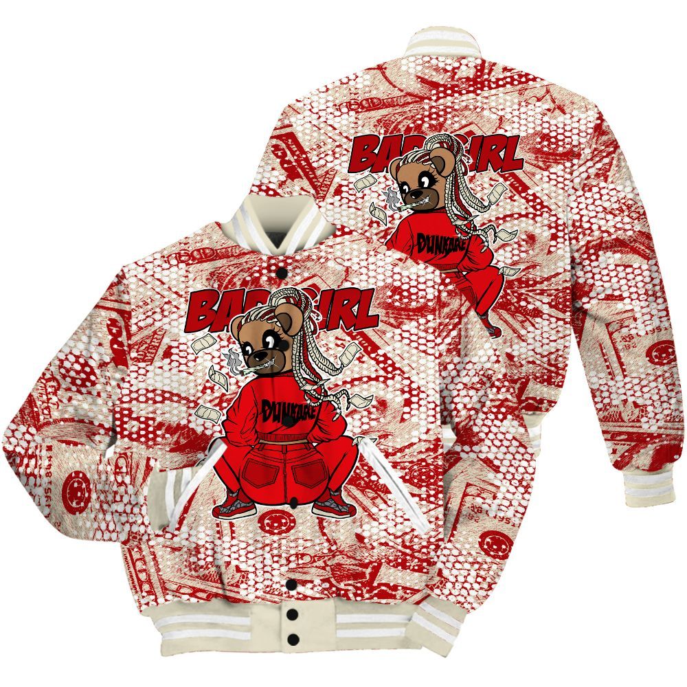 Varsity Jacket To Match Cement Grey 3s Shirt - Rebellious Girl Bear Banknotes Art All Over Print