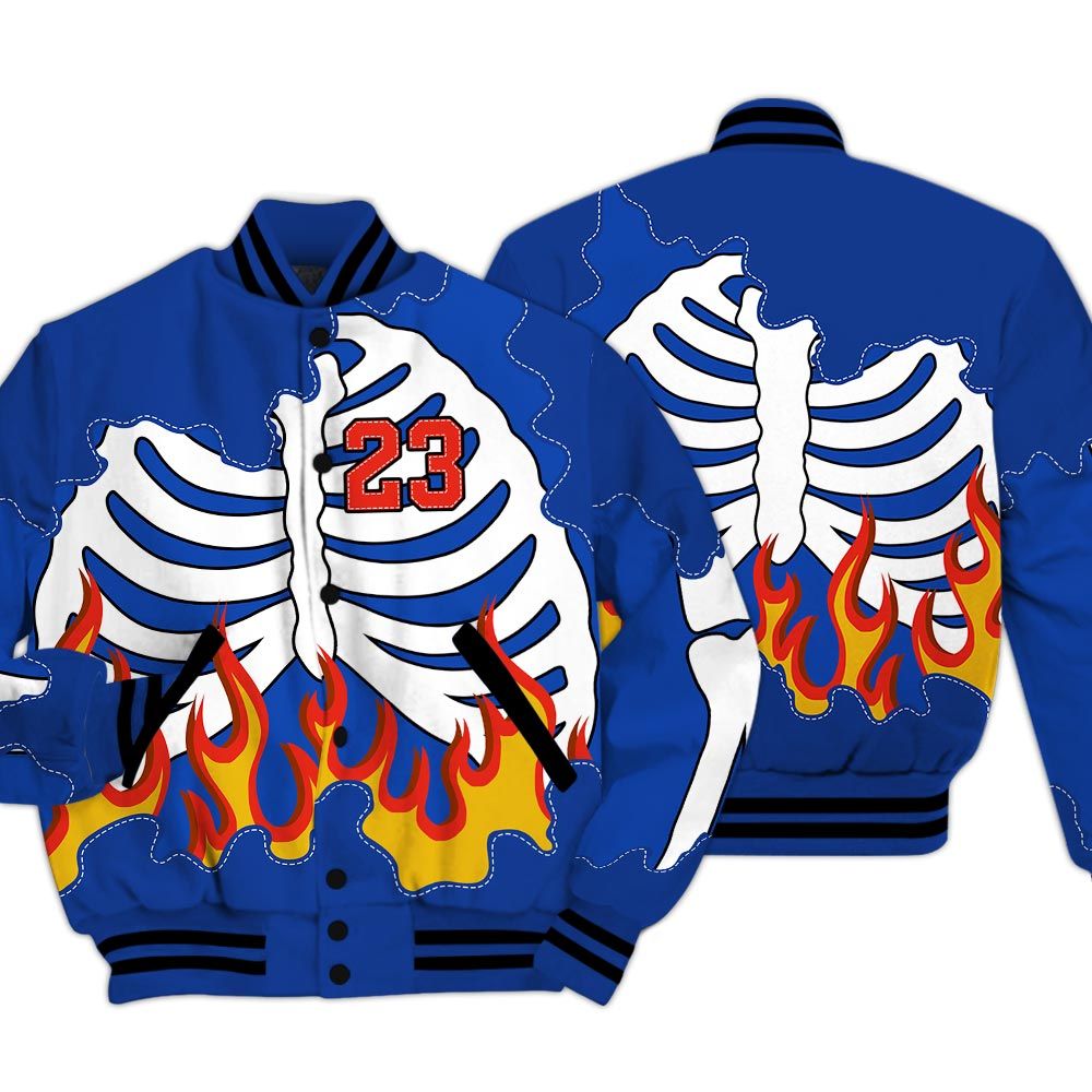 Varsity Jacket To Match Air Foamposite One Royal - Number 23 Skeleton Flame Baseball Varsity Jacket