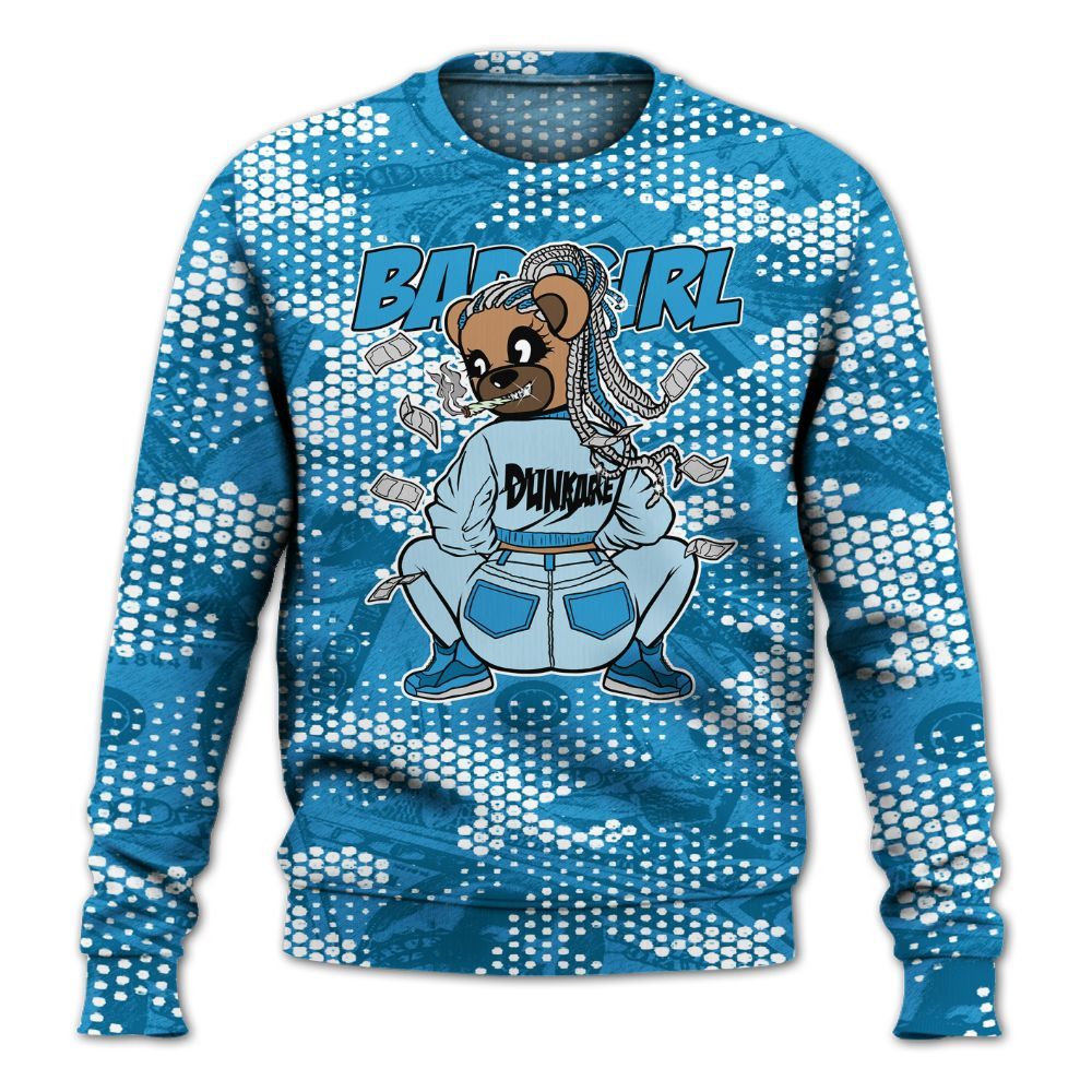 Sweatshirt To Match Powder Blue 9s - Rebellious Girl Bear Banknotes Art All Over Print