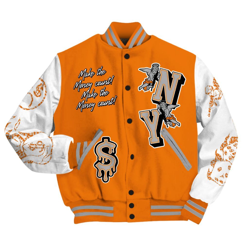 Varsity Jacket To Match Orange Citrus 3s - Paid In Full Money Graphic Varsity Jacket All Over Print