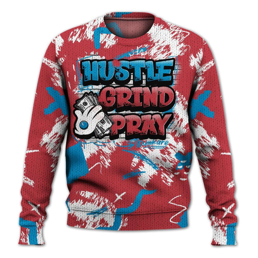 Knitted Sweater To Match High OG University Red Dark Powder Blue 1s - Hustle Grind Pray Retro
