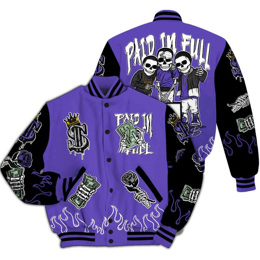 Varsity Jacket To Match Field Purple 12s - Fire Everybody Paid In All Over Print