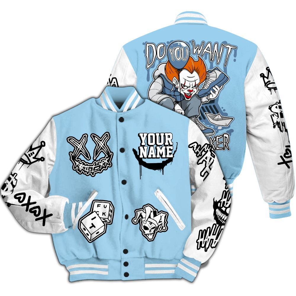 Varsity Jacket To Match Legend Blue 11s - Clown Scary Sneakers Graphic Custom Name All Over Print