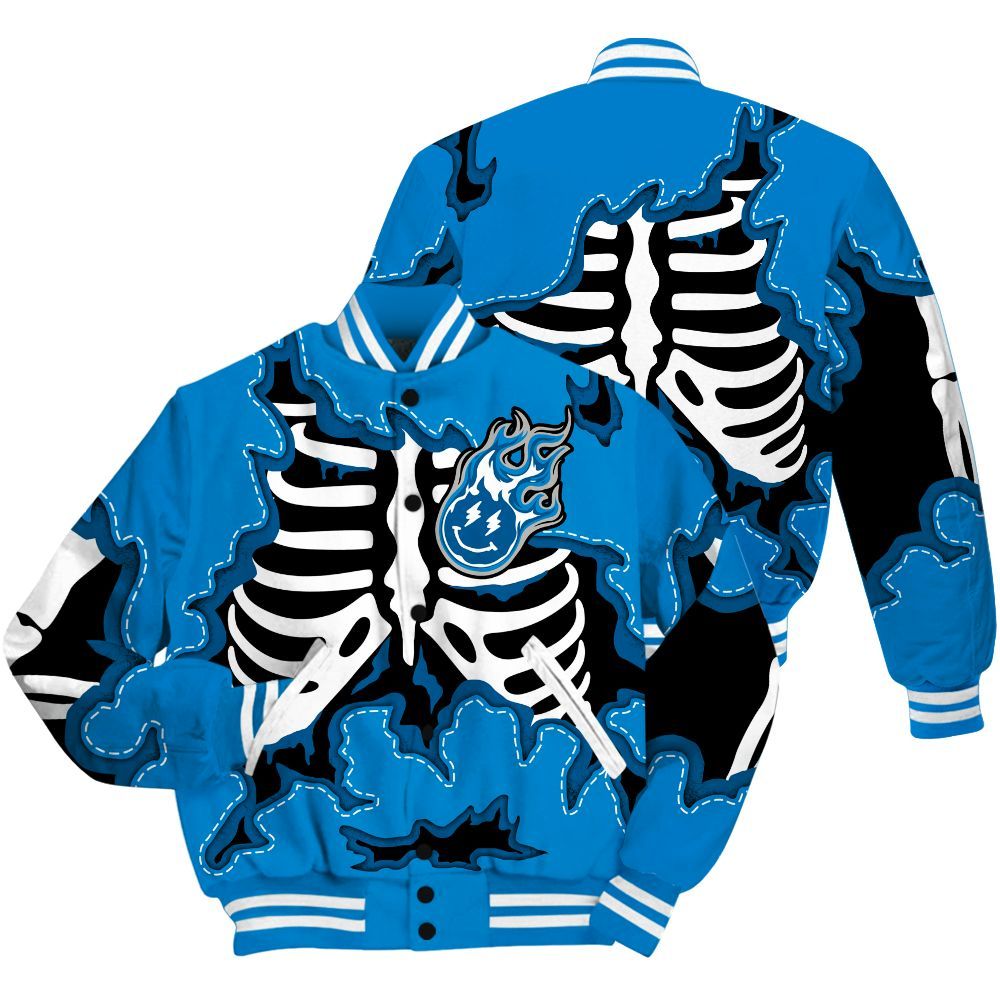 Varsity Jacket To Match Industrial Blue 4s Shirt, Skeleton Smiley Face Military Blue 4s All Over Print