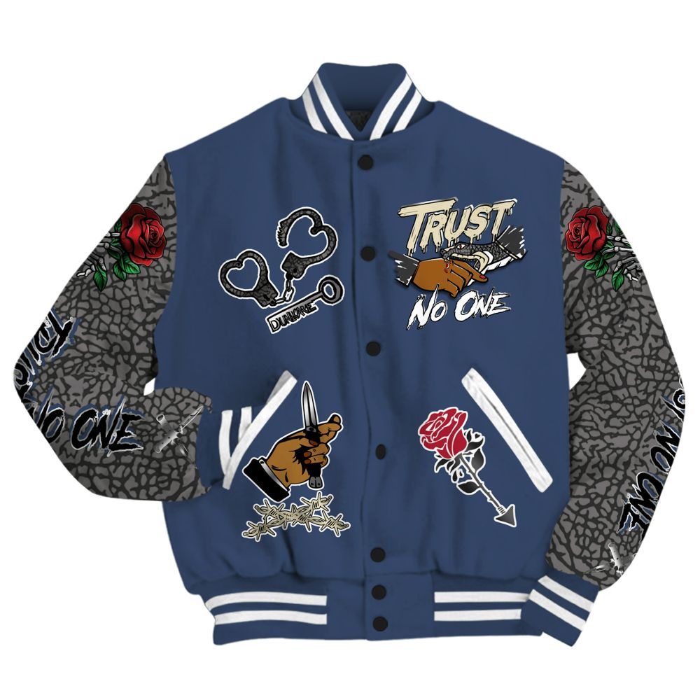 Varsity Jacket To Match Diffused Blue 3s - Trust No One Dripping All Over Print