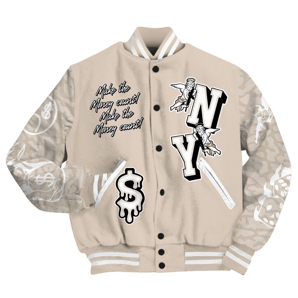 Varsity Jacket To Match Desert Sand 3s - Paid In Full Money Graphic Varsity Jacket All Over Print