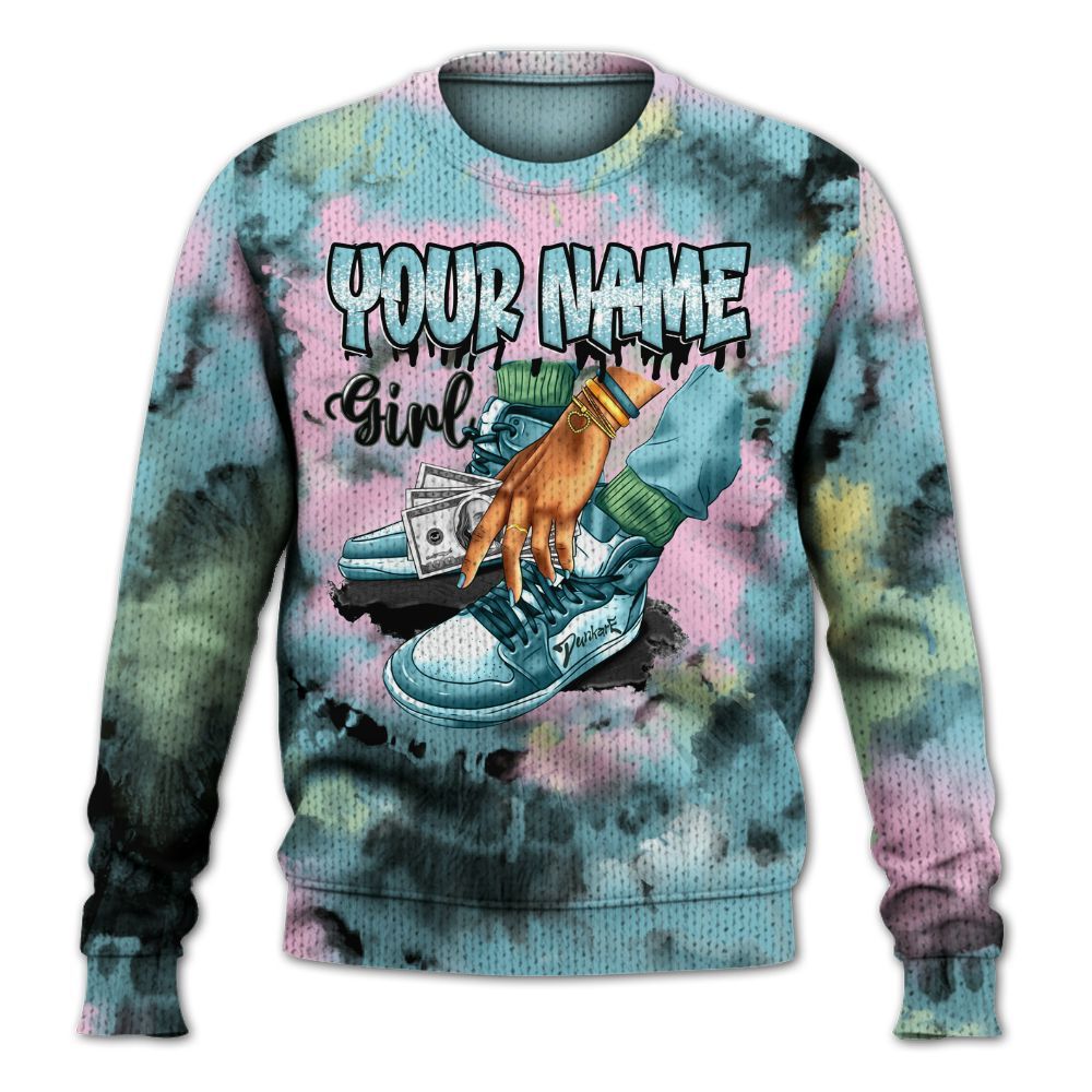 Knitted Sweater To Match SB Dunk Low Visty, Custom Name SNEAKER Girl Money Drip Tie Dye