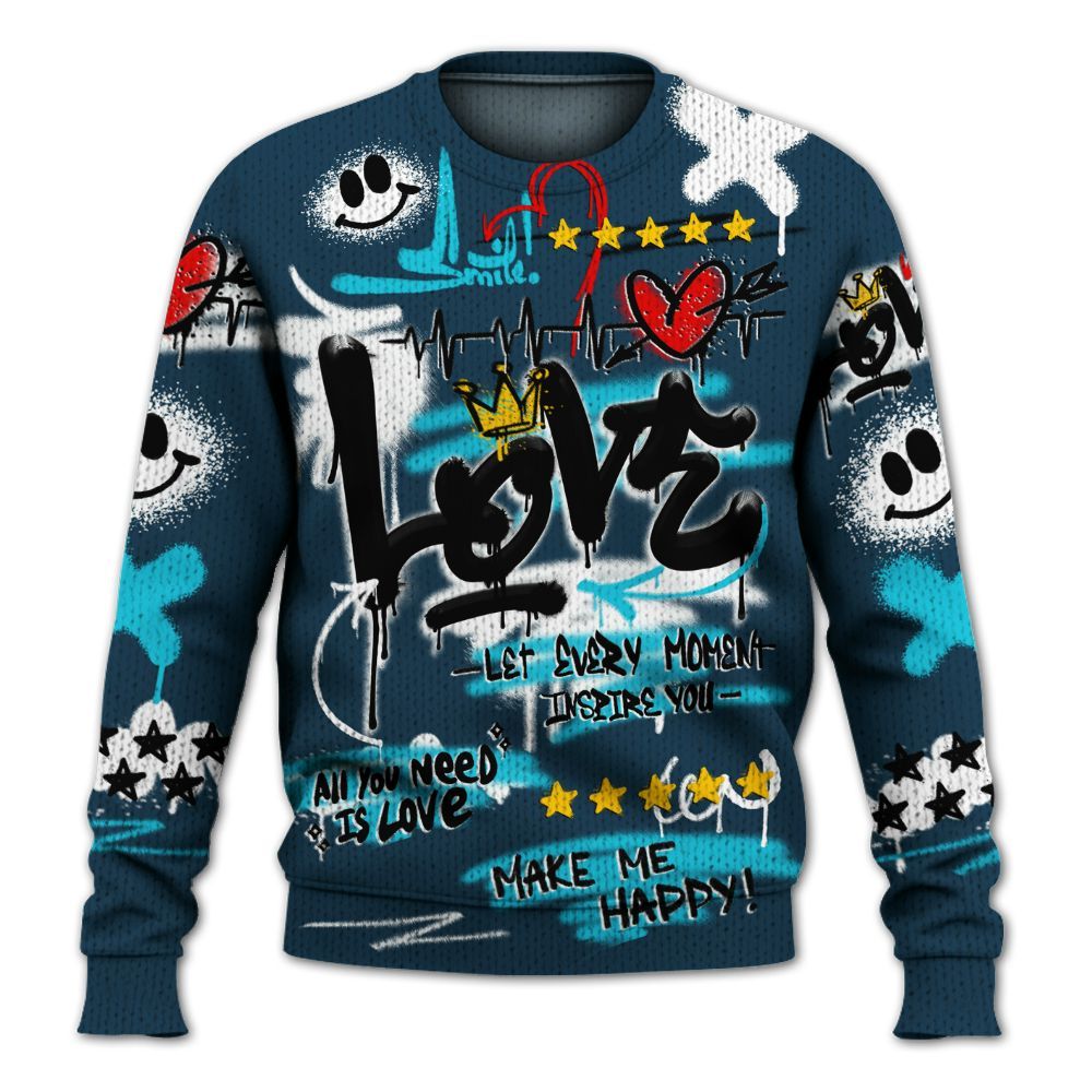 Knitted Sweater To Match Air Navy Baltic Blue - Happy Love Beats Graffiti Streetwear