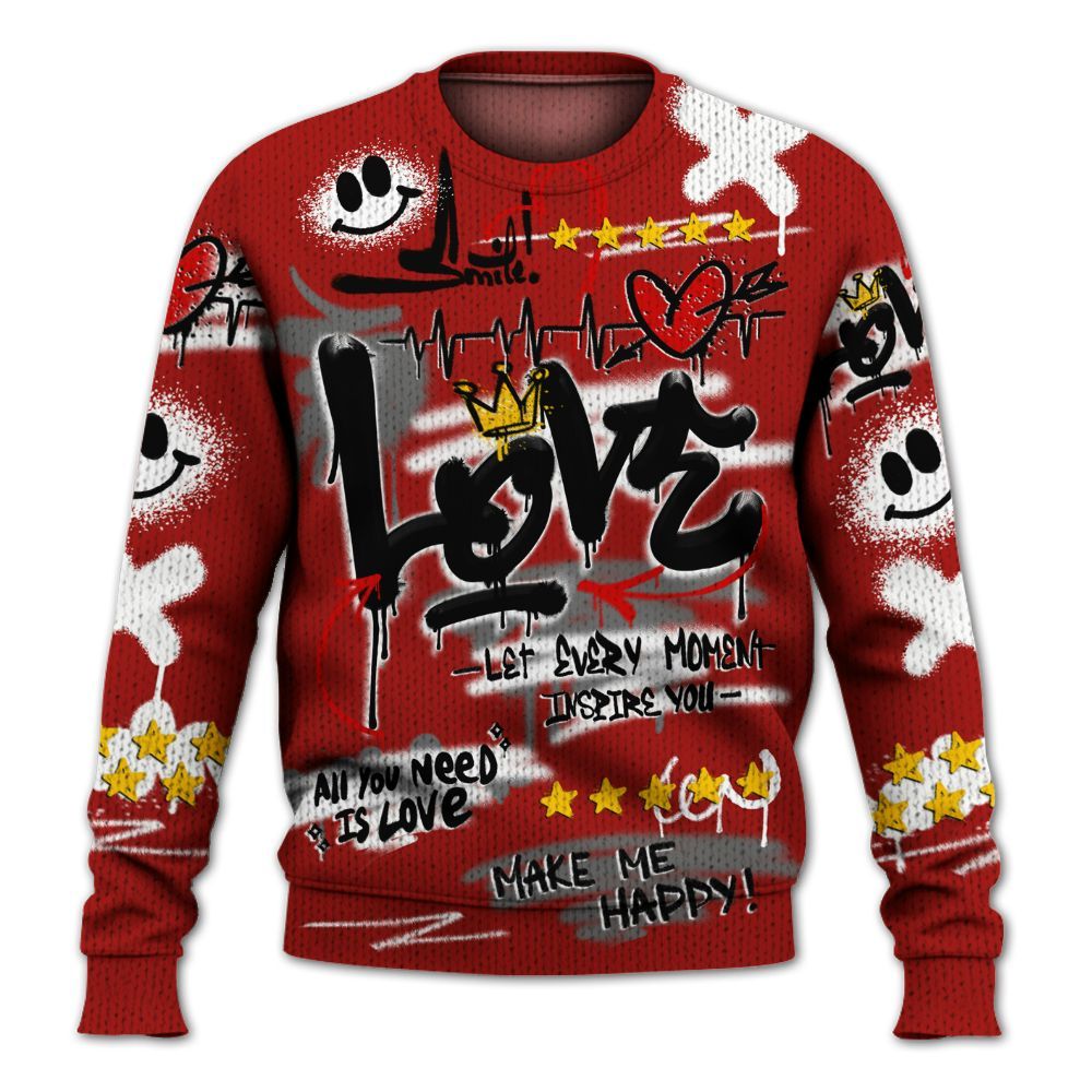 Knitted Sweater To Match High OG Varsity Red 1s - Happy Love Beats Graffiti Streetwear