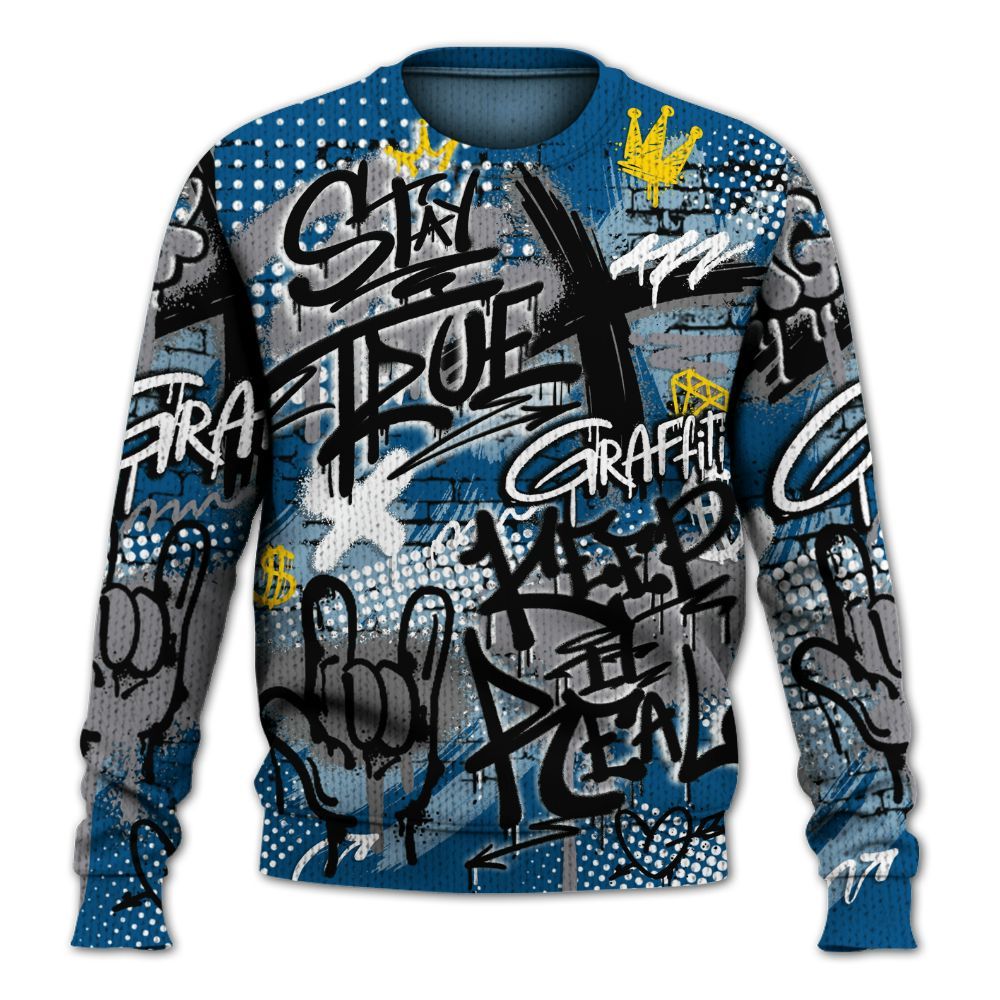 Knitted Sweater To Match High OG True Blue 1s - True It Real Graffiti Streetwear