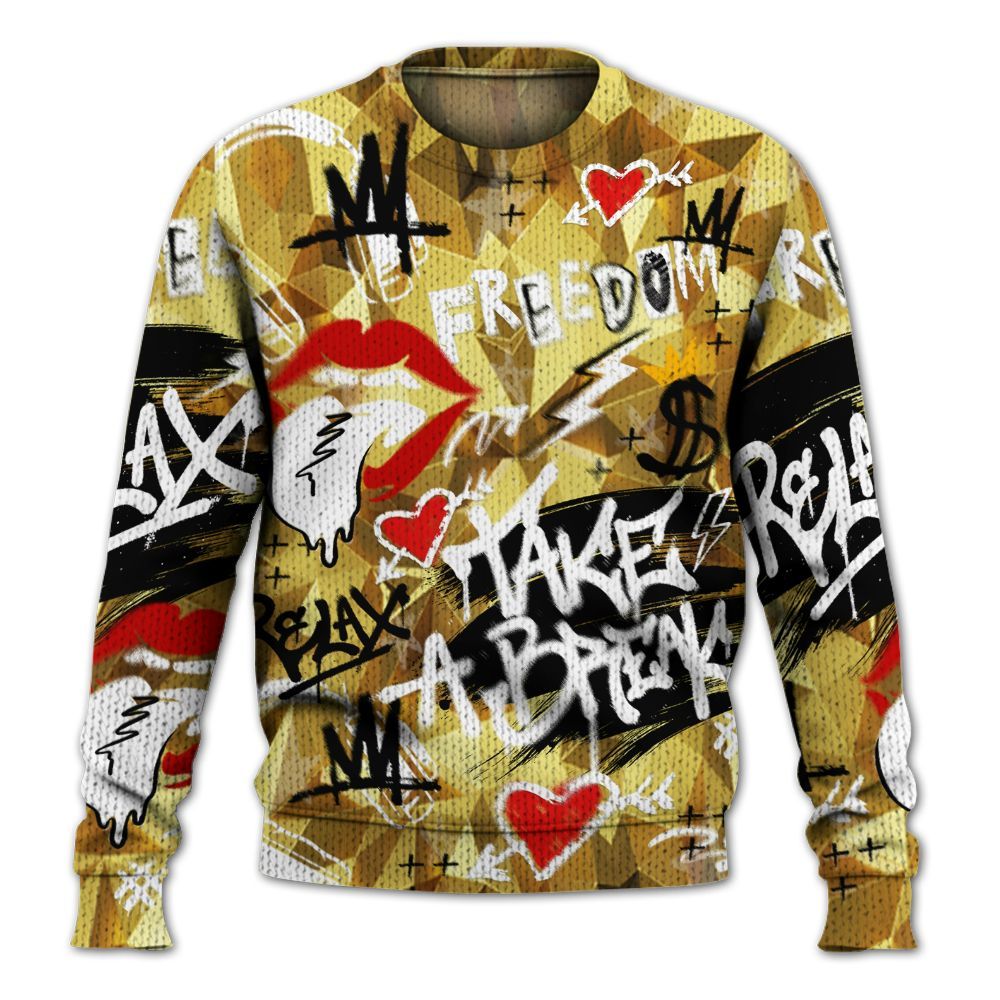 Knitted Sweater To Match NET Gold 4s - Take Break Freedom Graffiti Streetwear