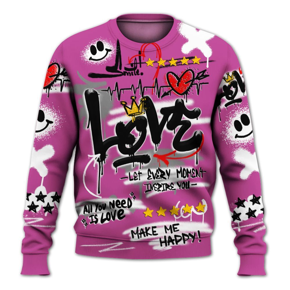 Sweatshirt To Match Dunk Low Active Fuchsia - Happy Love Beats Graffiti Streetwear All Over Print
