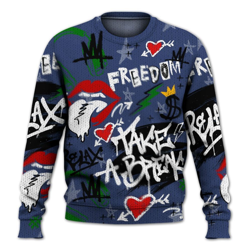 Knitted Sweater To Match Midnight Navy 13s - Take Break Freedom Graffiti Streetwear