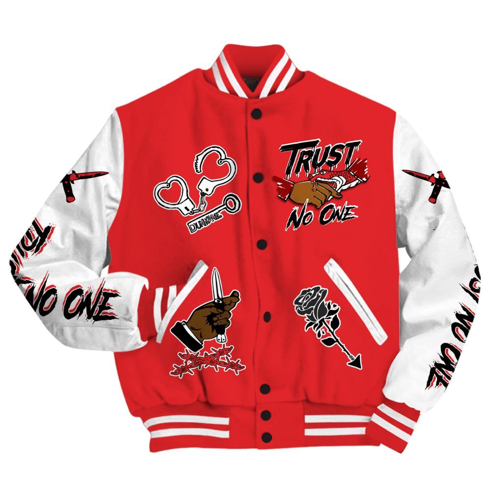 Varsity Jacket To Match Chile Red 9s - Trust No One Dripping All Over Print