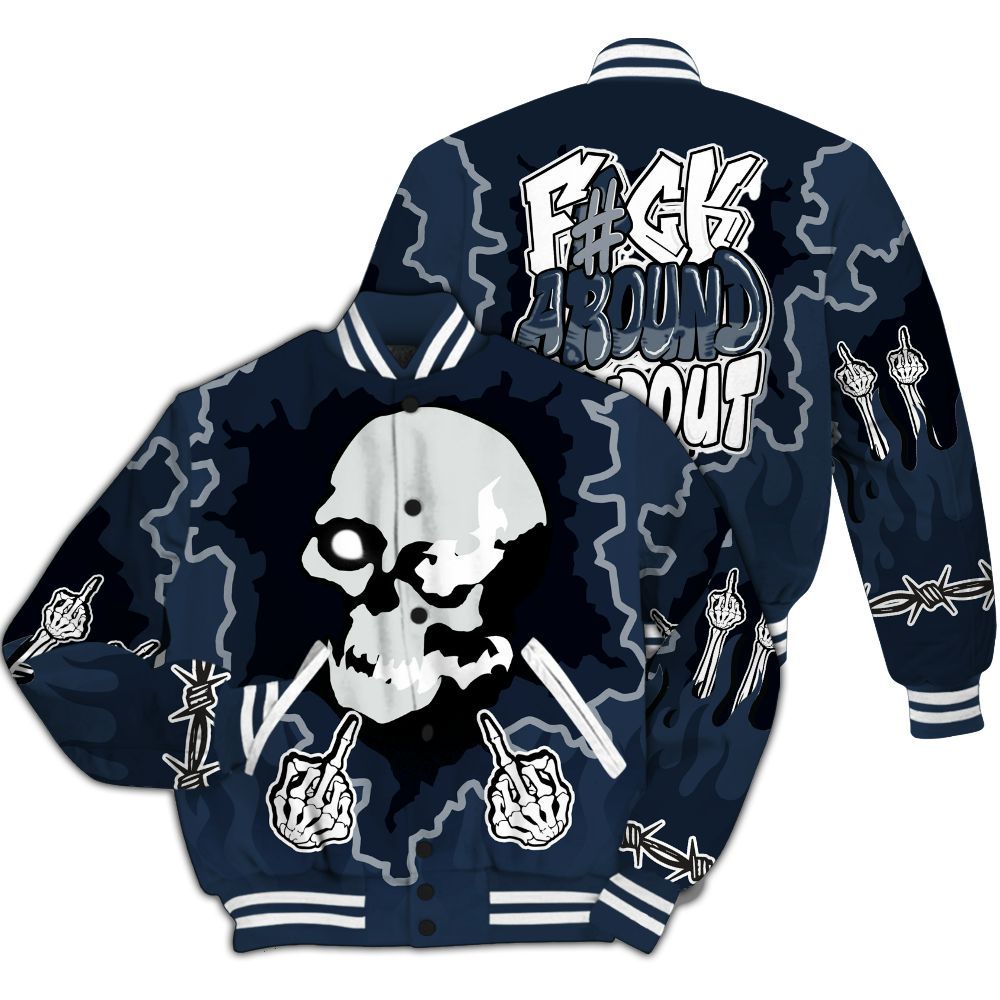 Varsity Jacket To Match White Midnight Navy 6s - F Around Find Out Graphic Trapped All Over Print