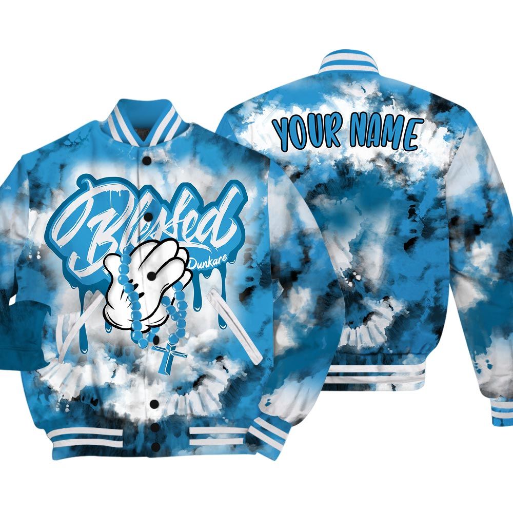 Varsity Jacket To Match Varsity Streetwear God Blessed Drip Tie Dye, Powder Blue 9s T-Shirt, To Match Sneaker Powder Blue 9s Baseball Varsity Jacket 1704 NCT