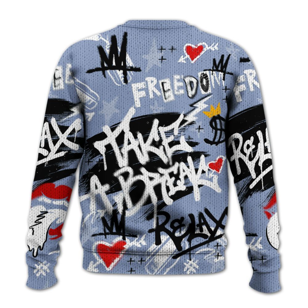 Knitted Sweater To Match Retro Blue Grey 13s - Take Break Freedom Graffiti Streetwear