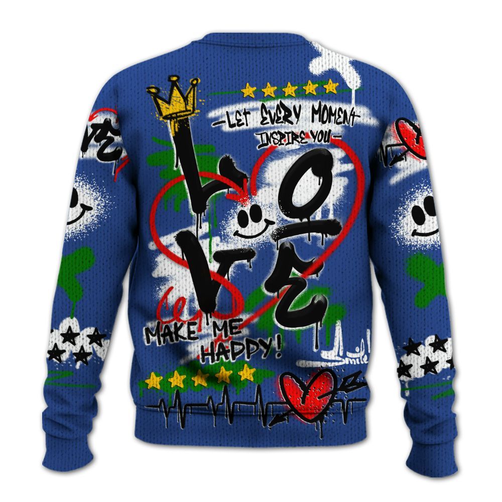 Knitted Sweater To Match Retro Hyper Royal 13s - Happy Love Beats Graffiti Streetwear