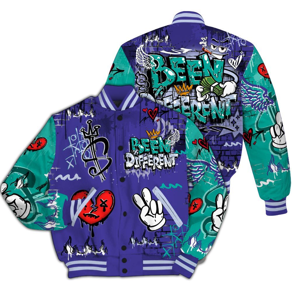 Varsity Jacket To Match Retro Grape 5s - Been Dif2erent Drip Graffiti All Over Print