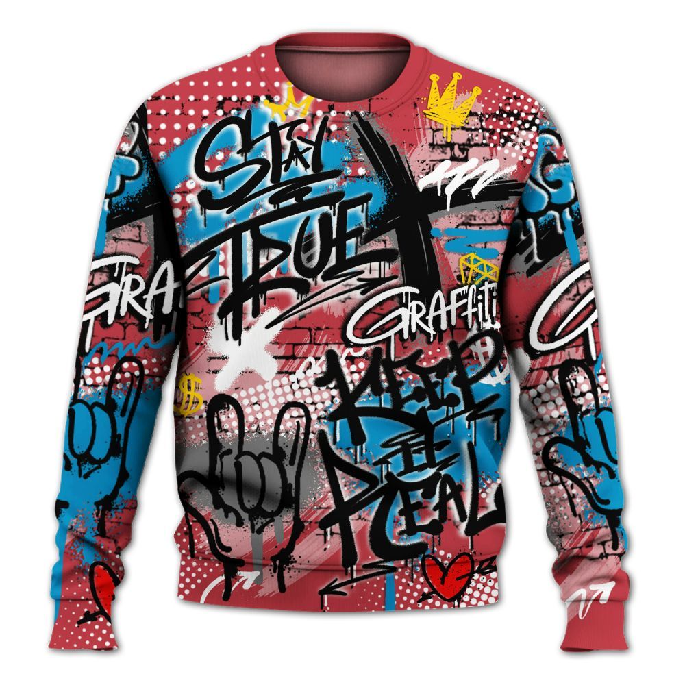 Sweatshirt To Match High OG University Red Dark Powder Blue 1s - True It Real Graffiti Streetwear All Over Print