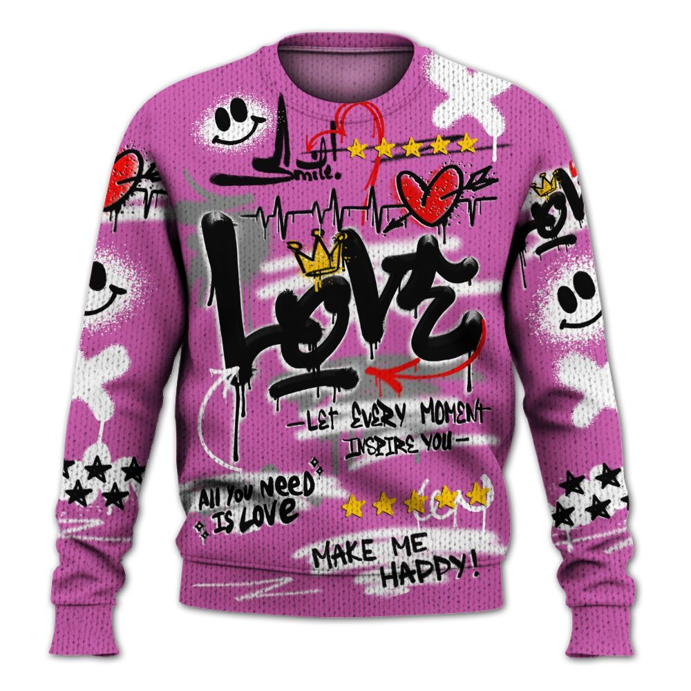 Knitted Sweater To Match Hyper Violet 4s - Happy Love Beats Graffiti Streetwear