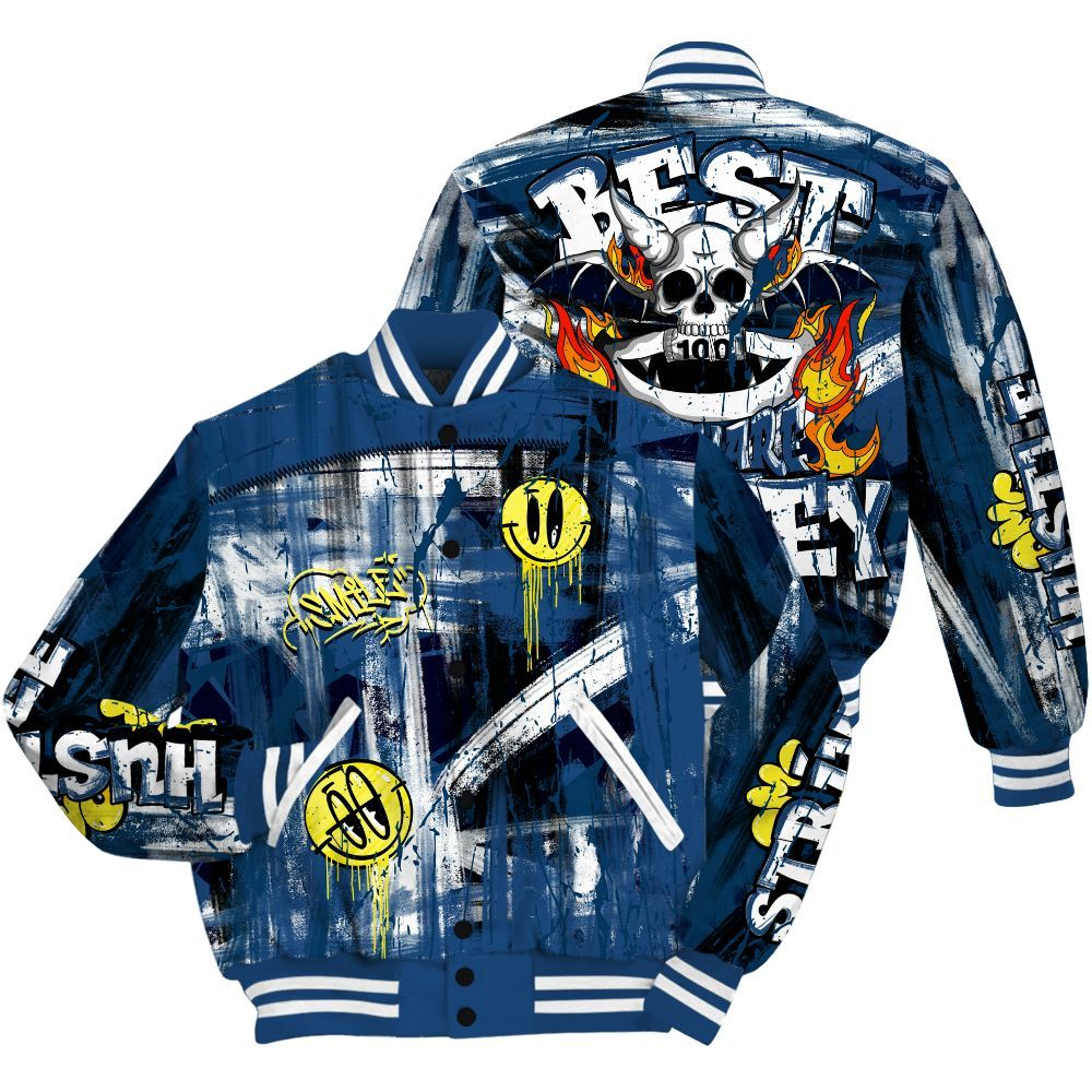 Varsity Jacket To Match High OG Midnight Navy 1s - Money Skull Smile Fire All Over Print