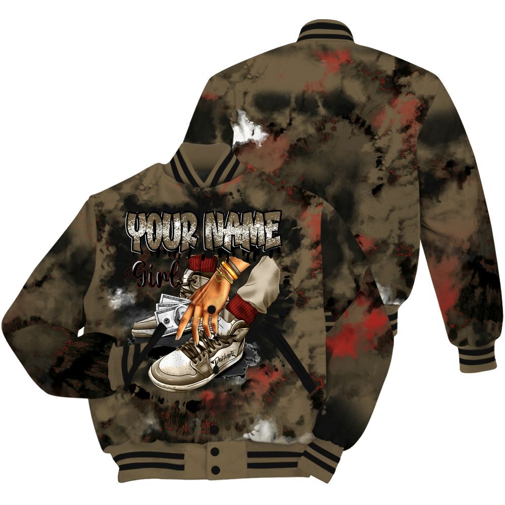 Varsity Jacket To Match Olive 9s - Custom Name SNEAKER Girl Money Drip Tie Dye All Over Print