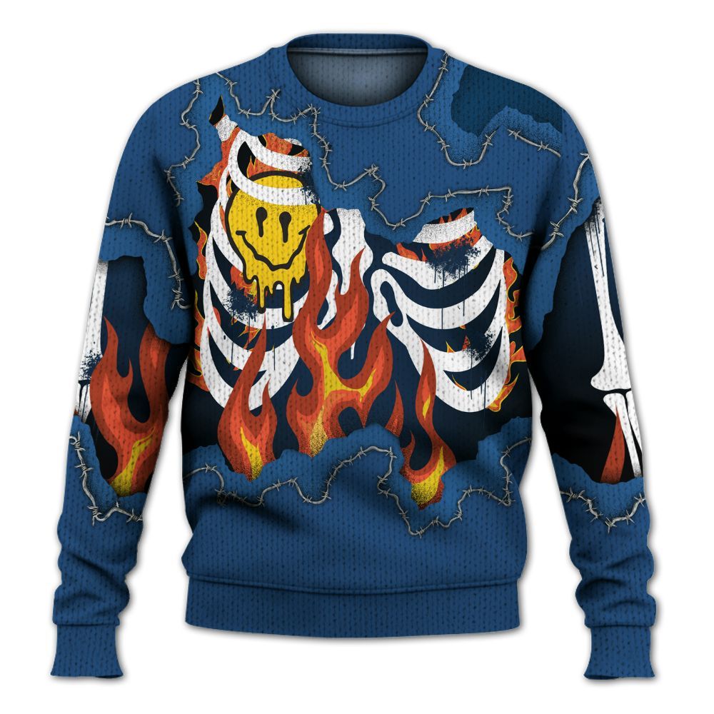 Knitted Sweater To Match High OG Midnight Navy 1s - Skeleton On Fire Skrrt