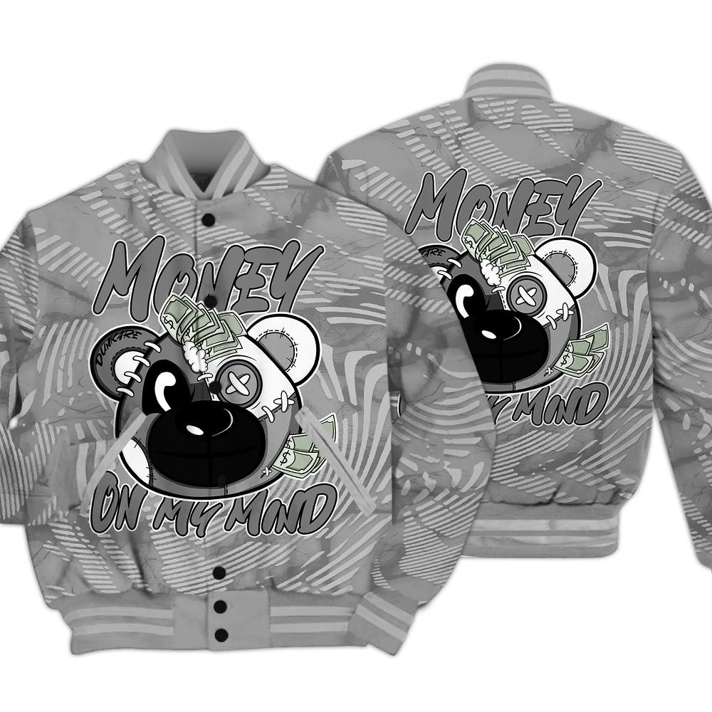 Varsity Jacket To Match Black Wolf Grey 12s - Money On My Mind Bear Fume Varsity Jacket Unisex