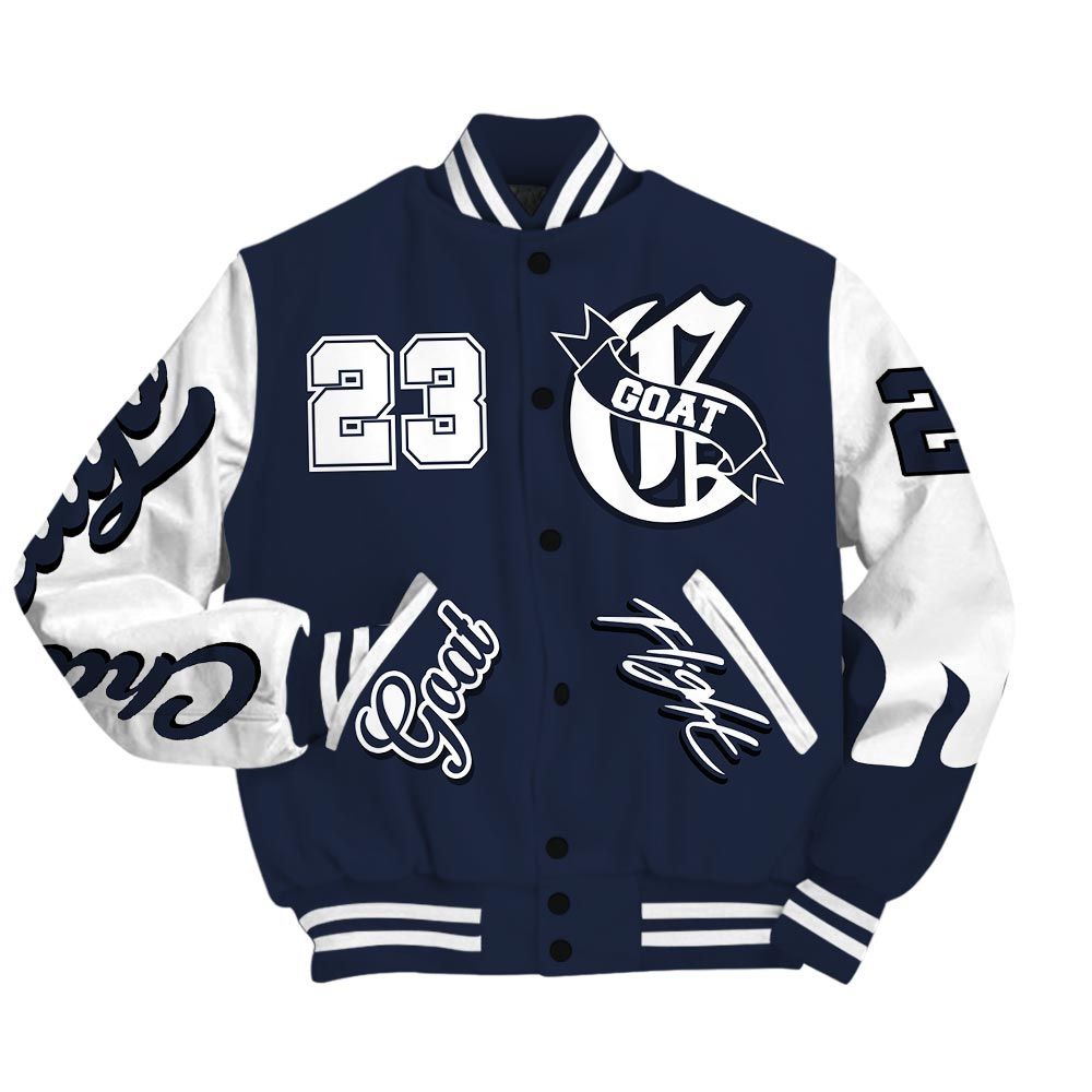Varsity Jacket To Match Midnight Navy 13s - The G.O.A.T Flight Streetwear Baseball Varsity Jacket Unisex Outfit