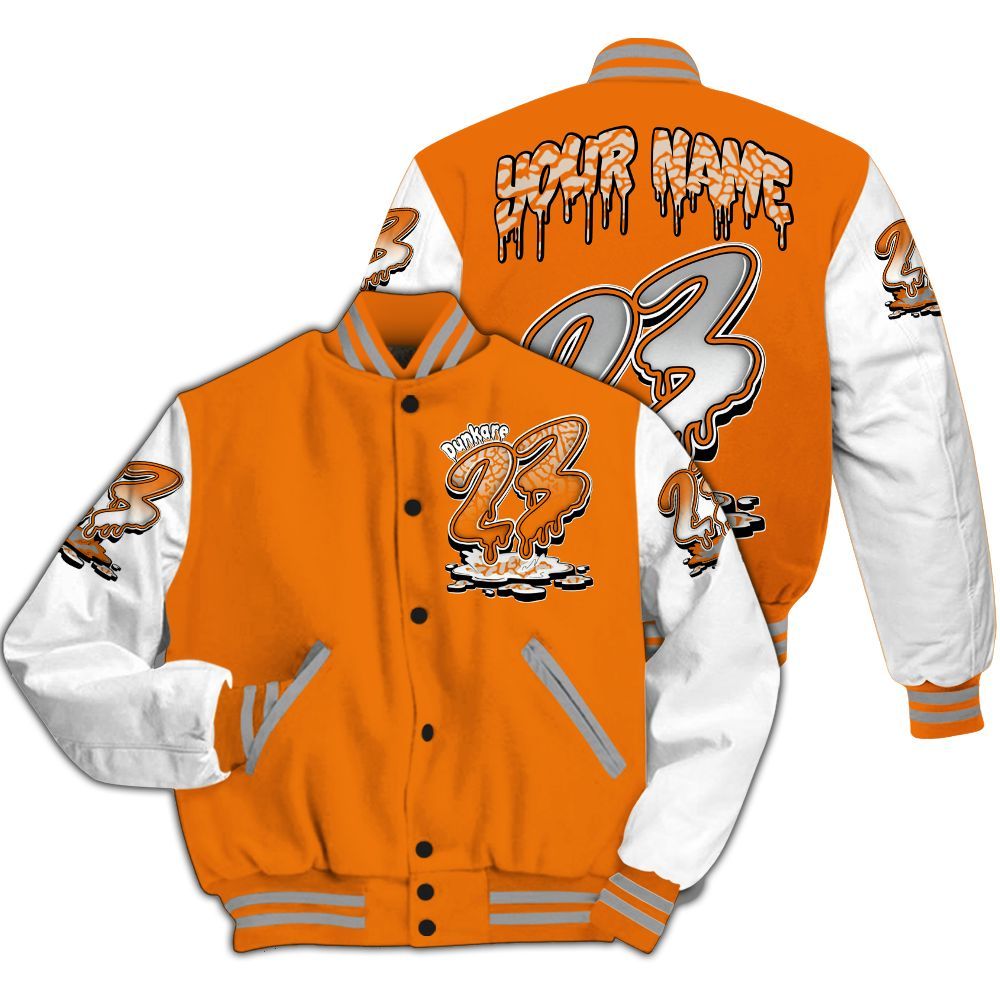 Varsity Jacket To Match Orange Citrus 3s - Custom Name 23 Drip All Over Print