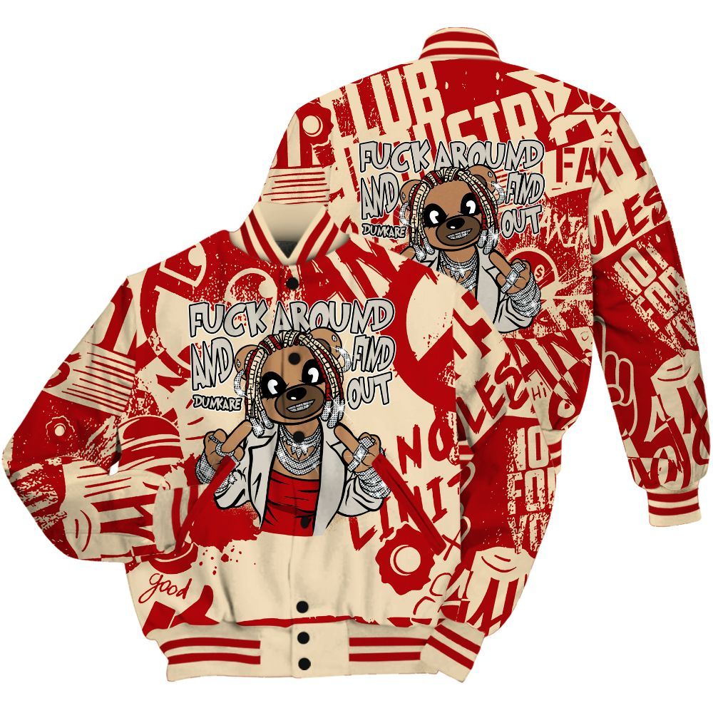 Varsity Jacket To Match Dunk Low Strawberry Waffle Shirt - F#ck Around Bear Bear Monogram Graffiti All Over Print