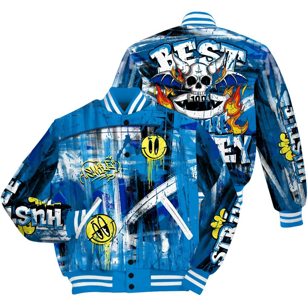 Varsity Jacket To Match Industrial Blue 4s - Money Skull Smile Fire Military Blue 4s All Over Print