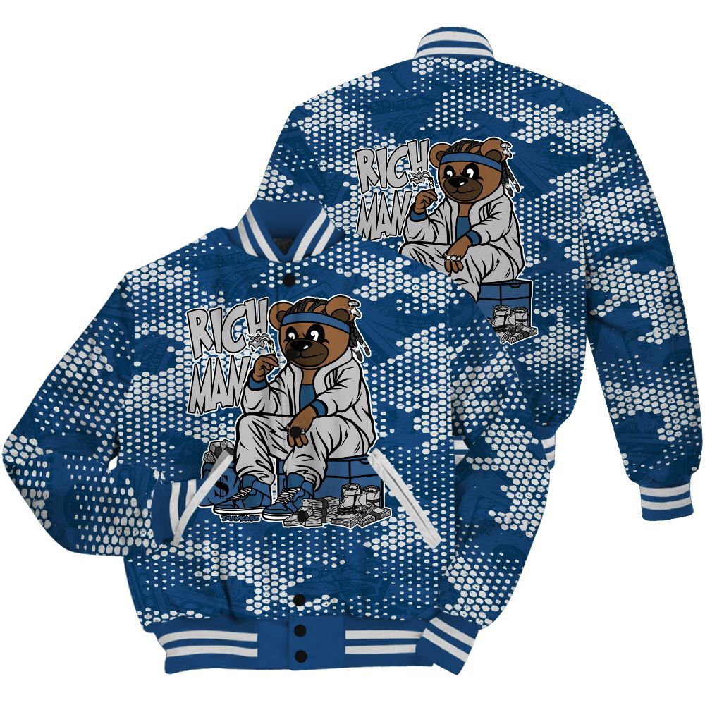 Varsity Jacket To Match High OG Midnight Navy 1s Shirt - Rich Man Bear Banknotes Art All Over Print