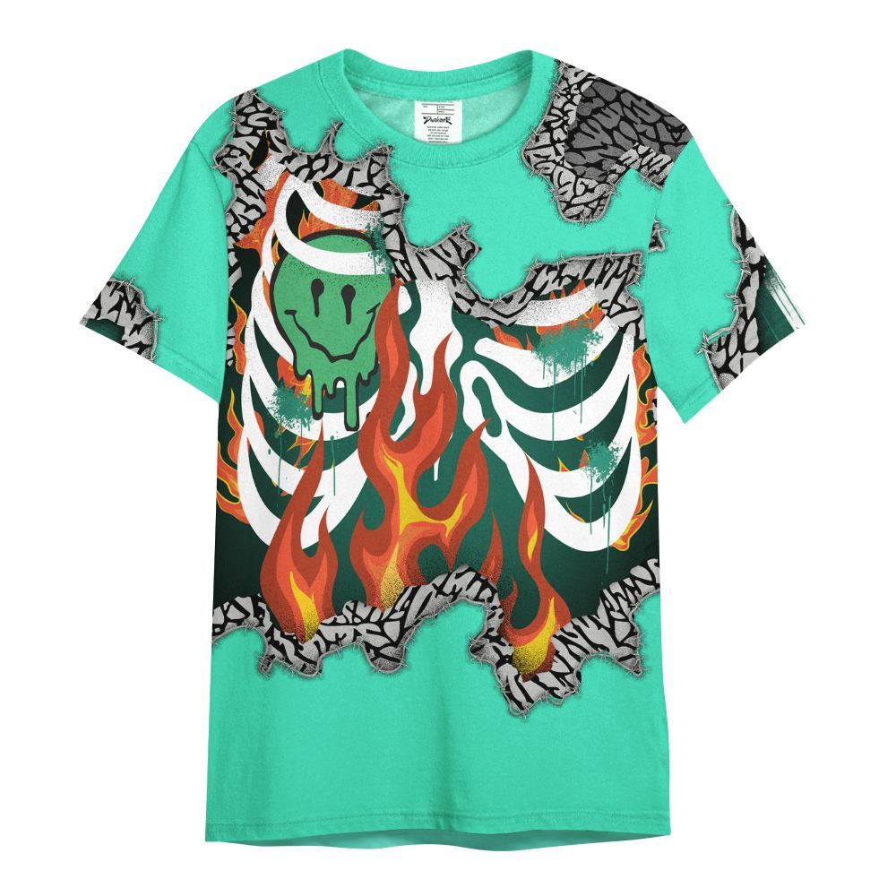 Shirt To Match Black Green Glow 3s - Skeleton On Fire Skrrt Green Glow 3s All Over Print