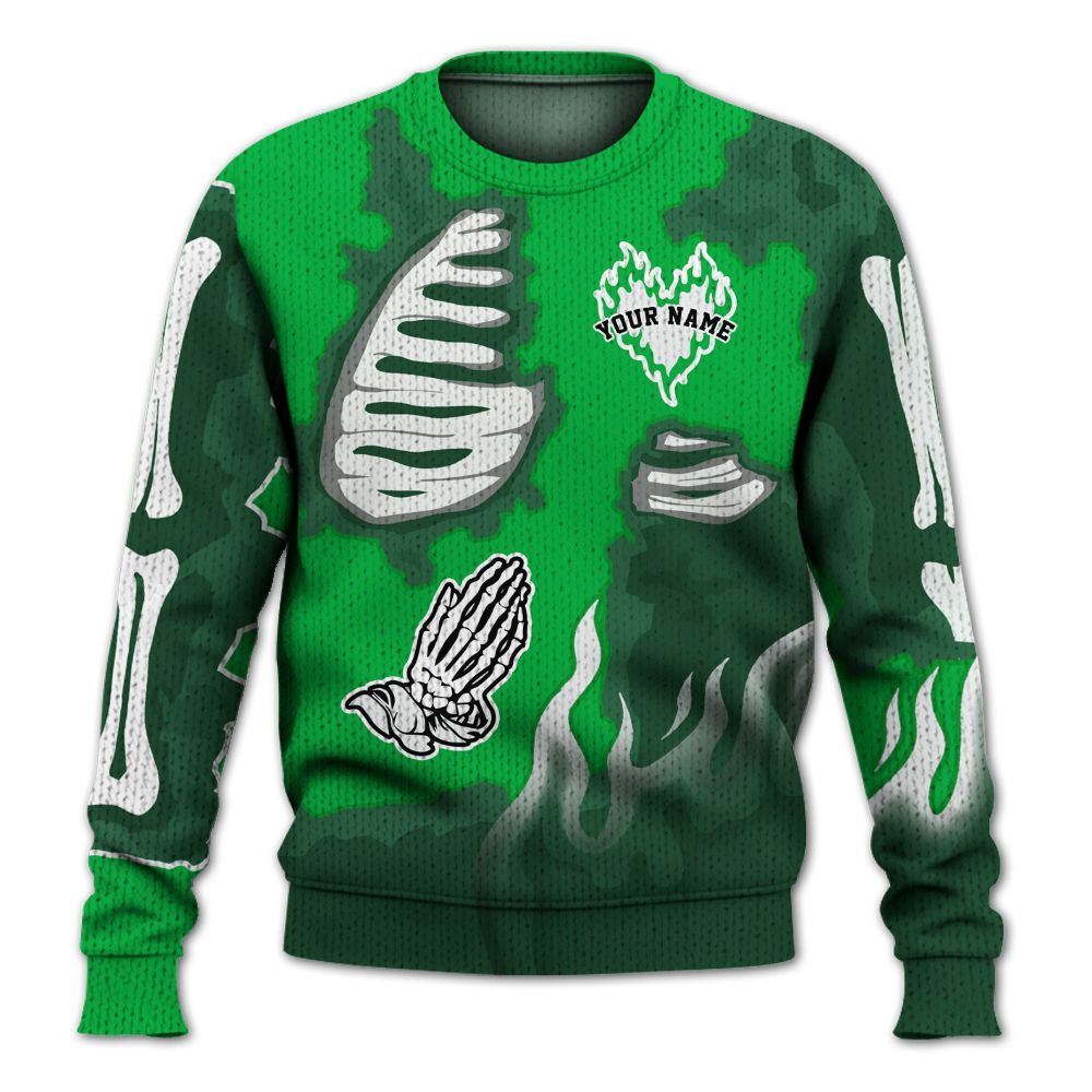 Knitted Sweater To Match Lucky Green 5s Varsity Jacket - Dislike Us Graphic Burning Custom Name