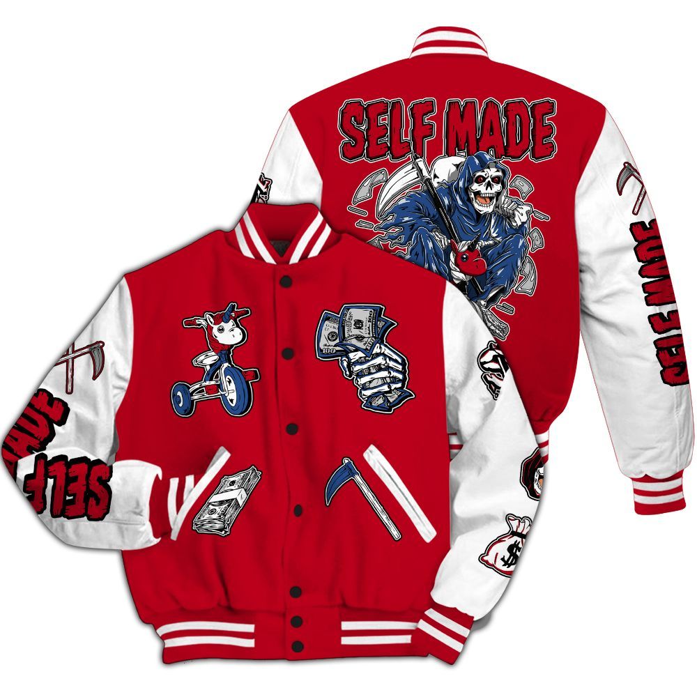 Varsity Jacket To Match Air Griffey Max Black Red Navy Blue 1s - Self Make Skeleton All Over Print