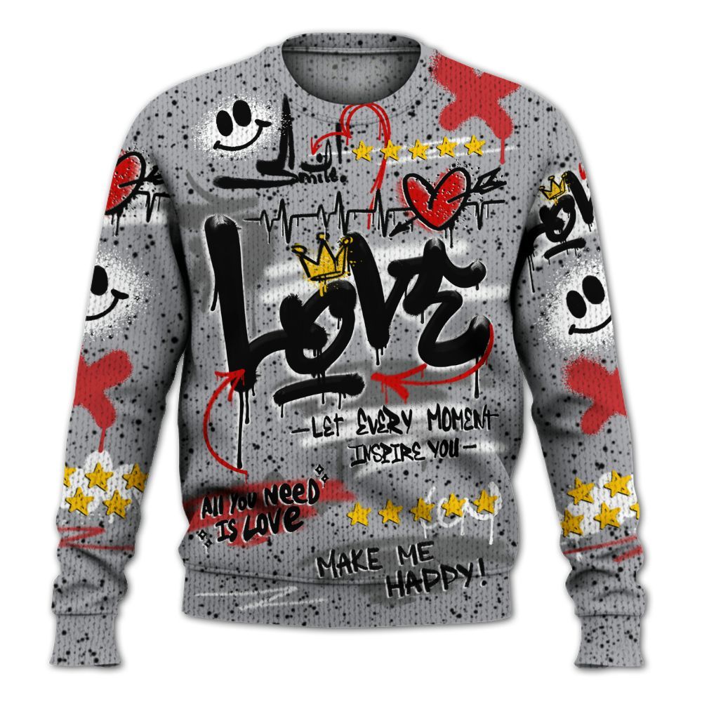 Knitted Sweater To Match White Cement 4s - Happy Love Beats Graffiti Streetwear