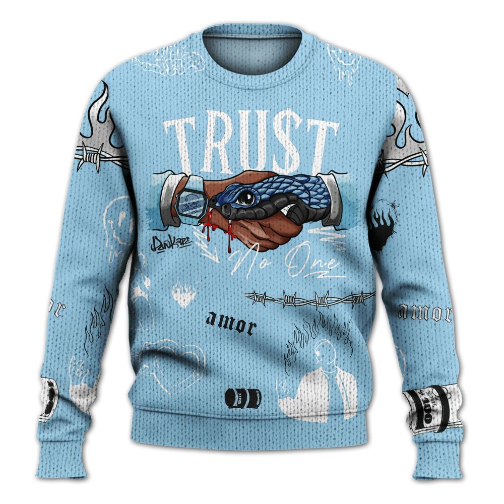 Knitted Sweater To Match Legend Blue 11s - Trust No One Graphic