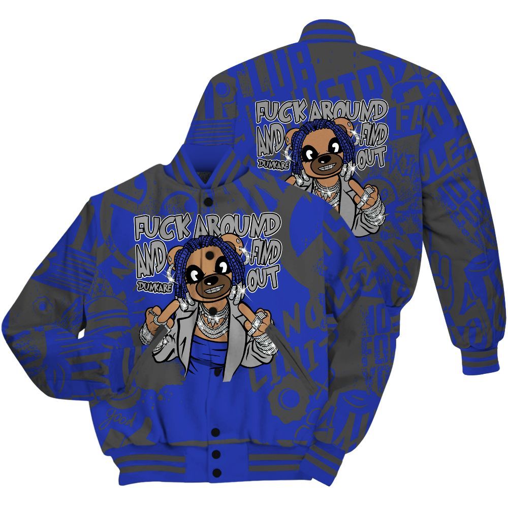Varsity Jacket To Match Air Max Plus Black Racer Blue Shirt - F#ck Around Bear Bear Monogram Graffiti All Over Print
