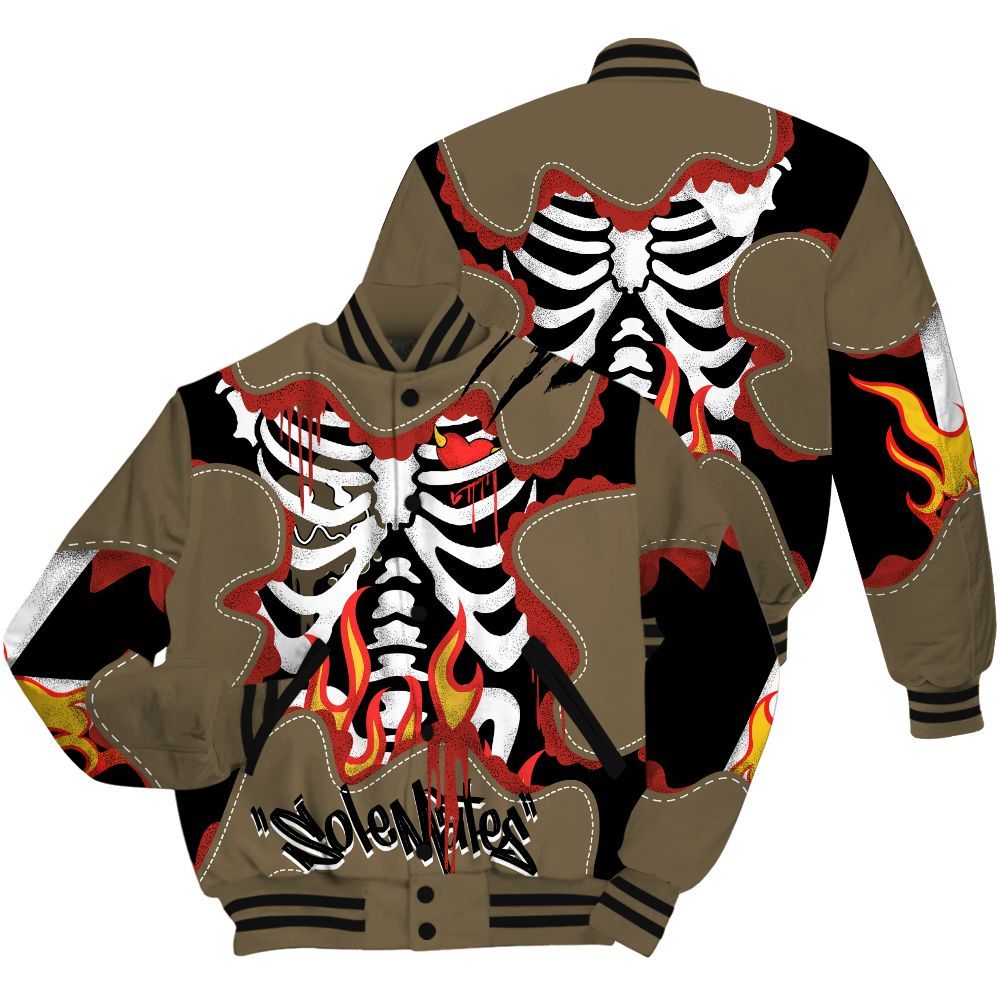 Varsity Jacket To Match Olive 9s - Skeleton Burning Heart Drip All Over Print