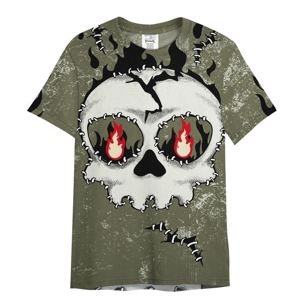 Shirt To Match Travis Scott Low OG Medium Olive 1s - Cracked Skull Stitches All Over Print