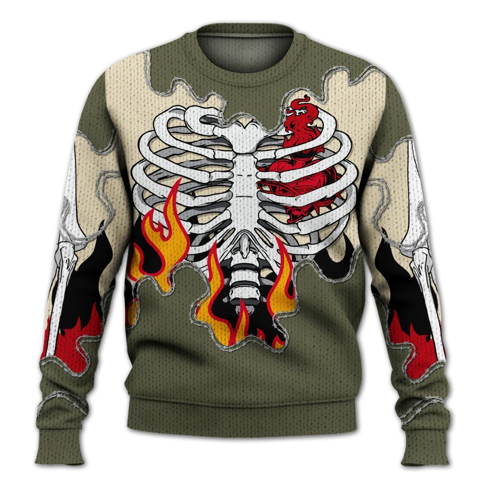 Knitted Sweater To Match Travis Scott Low OG Medium Olive 1s - Skeleton Heart On Fire
