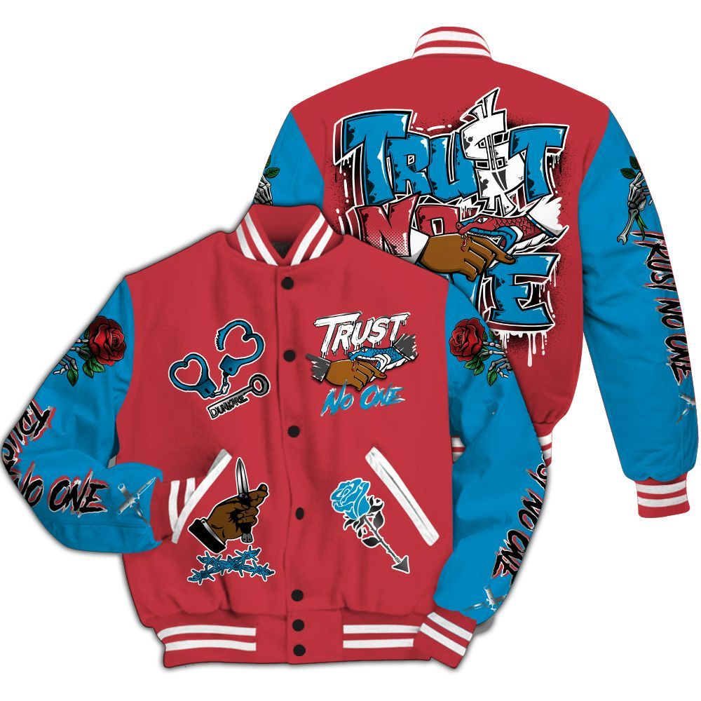 Varsity Jacket To Match High OG University Red Dark Powder Blue 1s - Trust No One Dripping All Over Print