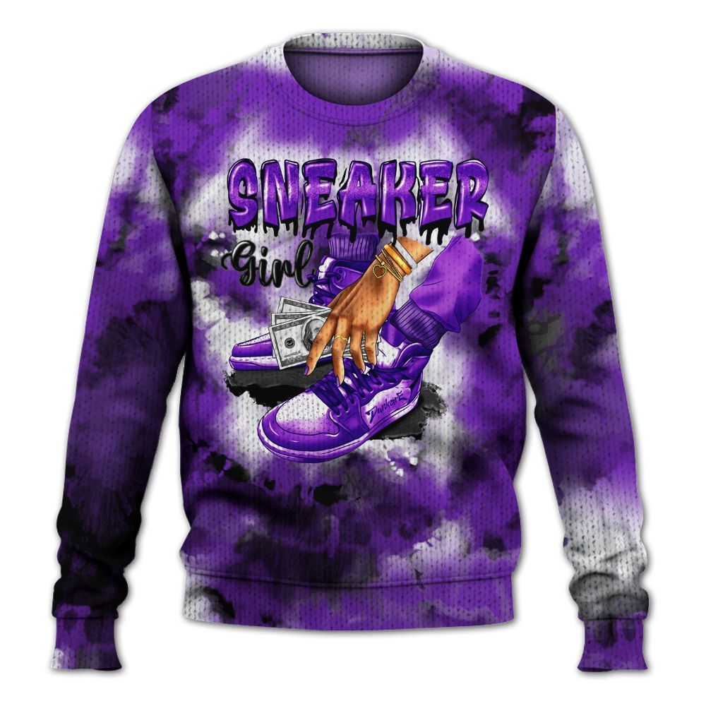 Knitted Sweater To Match Retro Dark Iris 3s - SNEAKER Girl Money Drip Tie Dye