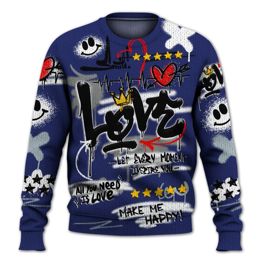 Knitted Sweater To Match Midnight Navy 11s - Happy Love Beats Graffiti Streetwear