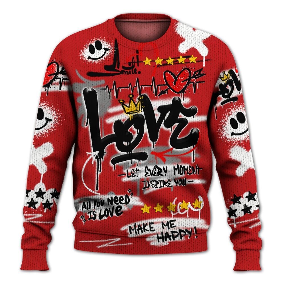 Knitted Sweater To Match Bred Reimagined 4s - Happy Love Beats Graffiti Streetwear